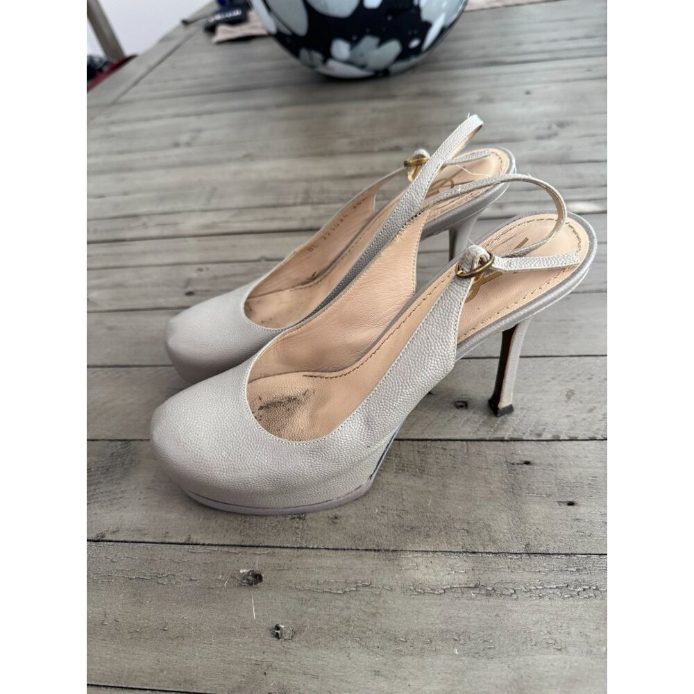 YSL Yves Saint Laurent Grey Leather Tribtoo Tribute Platform Slingback Pumps 6.5